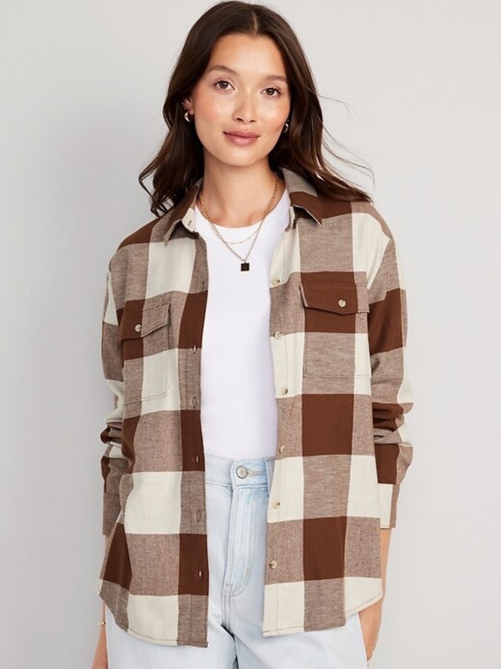 OLD NAVY Loose Flannel Boyfriend Shirt Button Down Gingham Plaid Desert Floor